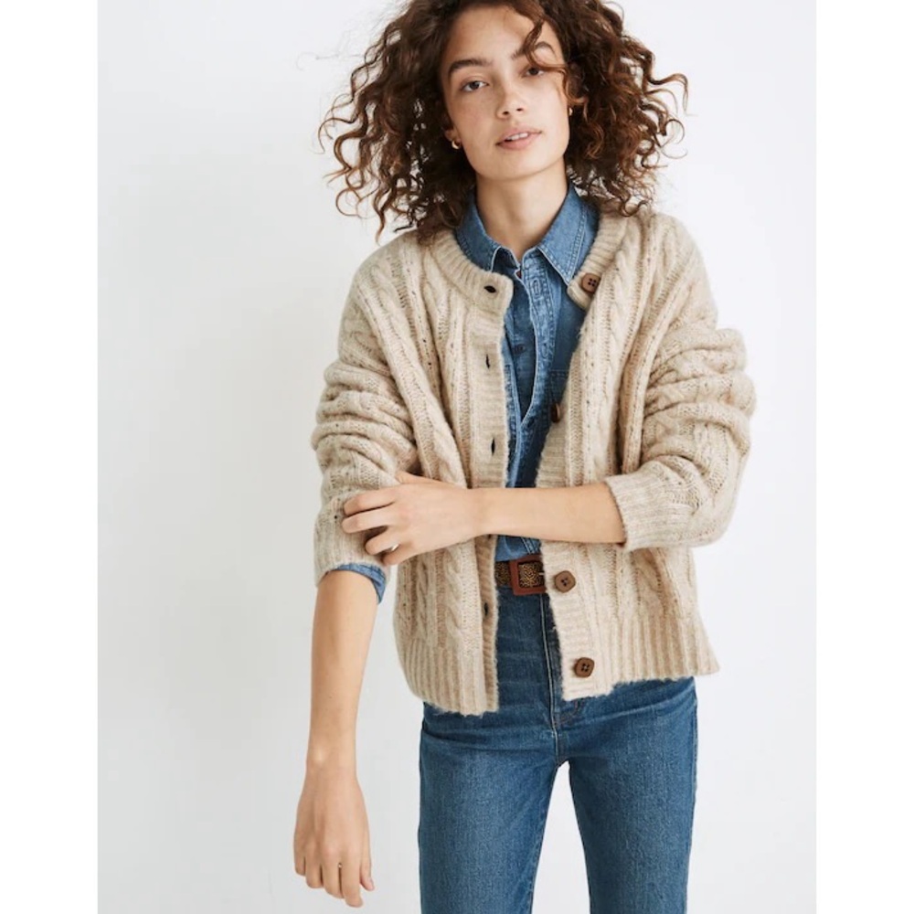 madewell pointelle cable cardigan sweater in heather powder (cream)
